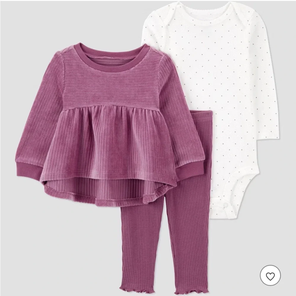 Carter's 0-3 Month Baby Girl Peplum Sweatshirt, Bodysuit & Leggings Set- Mauve